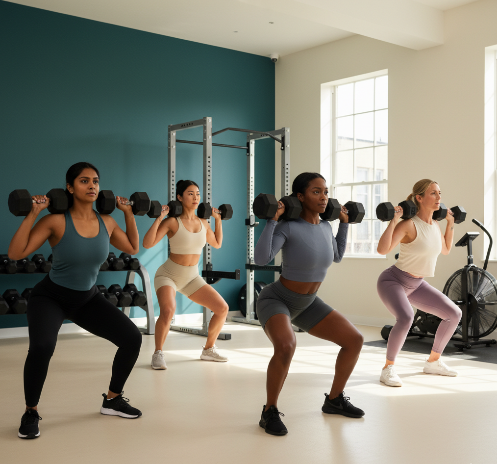 Diverse group of women in their 40s doing strength training in a boutique gym